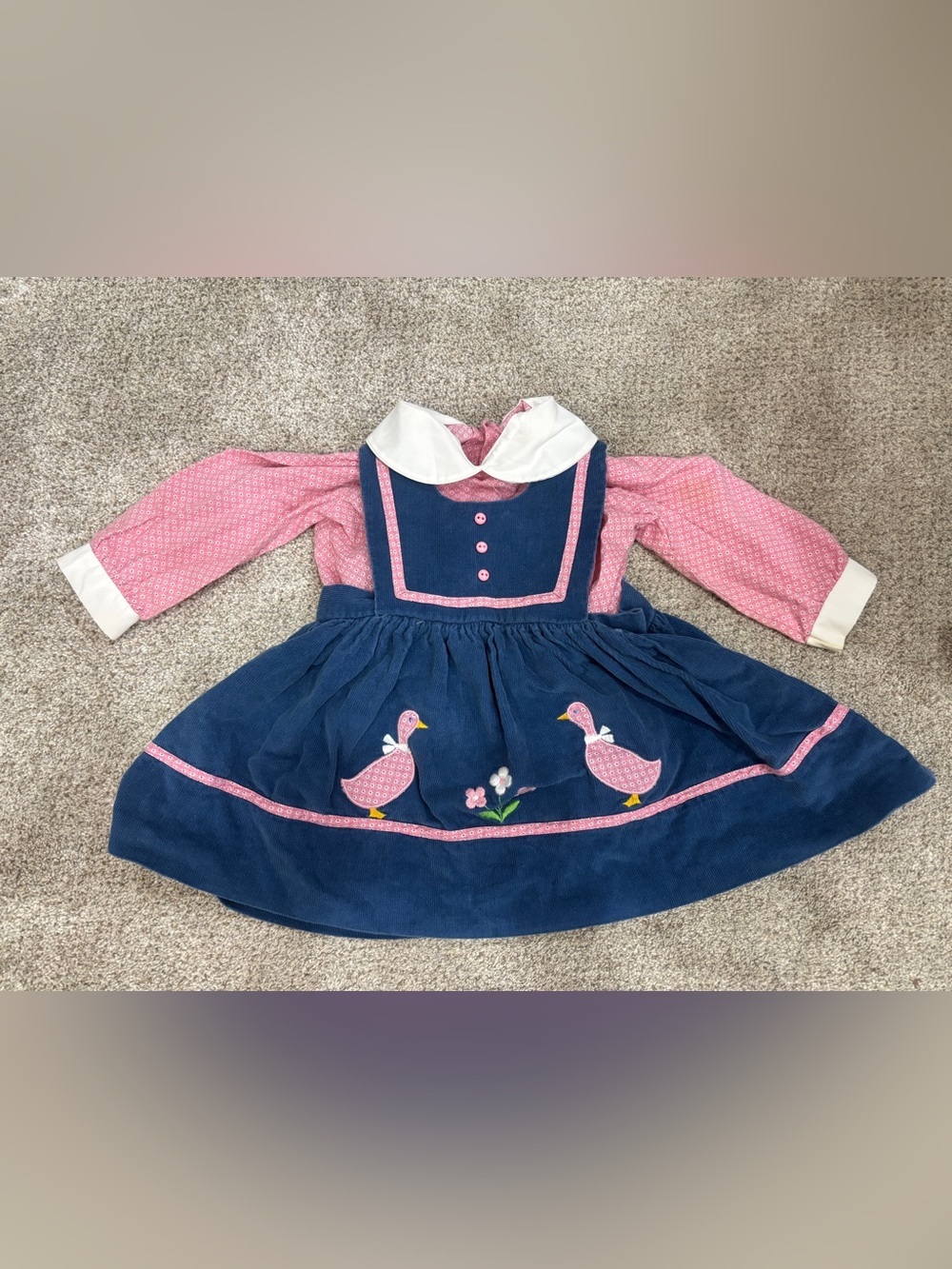 Vintage-style toddler girl blue corduroy pinafore dress pink duck appliques 2T